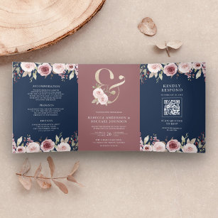 Dusty Rose Floral Ampersand QR Code Navy Wedding Tri-Fold Invitation