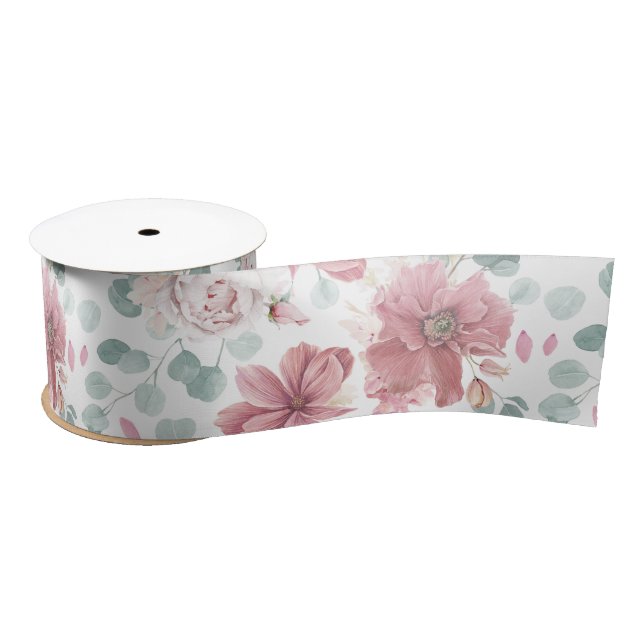 Dusty Rose Floral and Greenery Pattern Elegant Satin Ribbon (Spool)