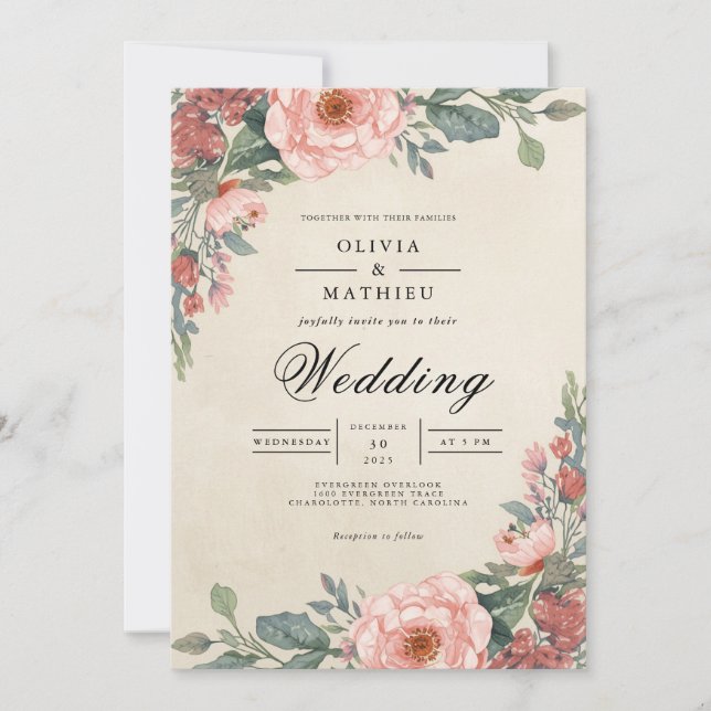 Dusty Rose Floral Arch Wedding Invitation (Front)