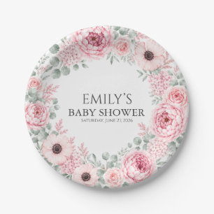 Dusty Rose Floral Baby Shower Paper Plate