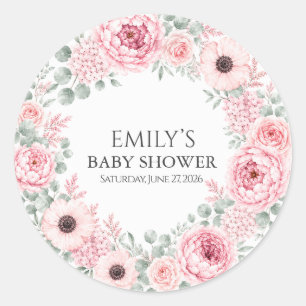 Dusty Rose Floral Baby Shower Round Sticker