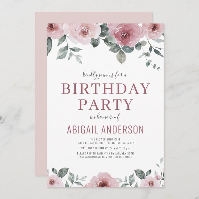 Dusty Rose Floral Birthday Party Any Age  Invitation (Front/Back)