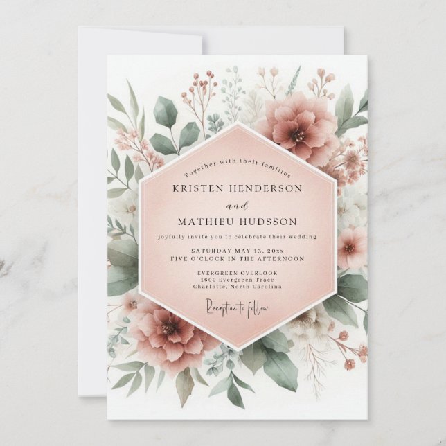 Dusty Rose Floral Bloom Wedding Invitation (Front)
