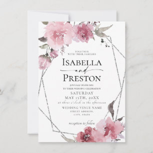 Dusty Rose Floral Blush Boho Silver Foil Wedding Invitation