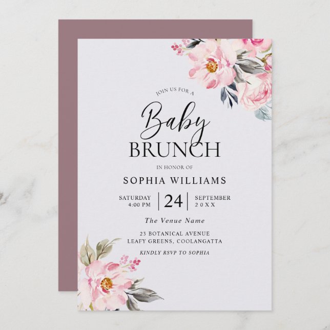Dusty Rose Floral Blush Pink Baby Shower Brunch Invitation (Front/Back)