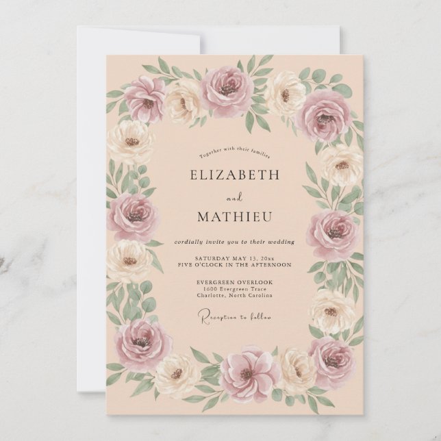 Dusty Rose Floral Blush Wedding Invitation (Front)