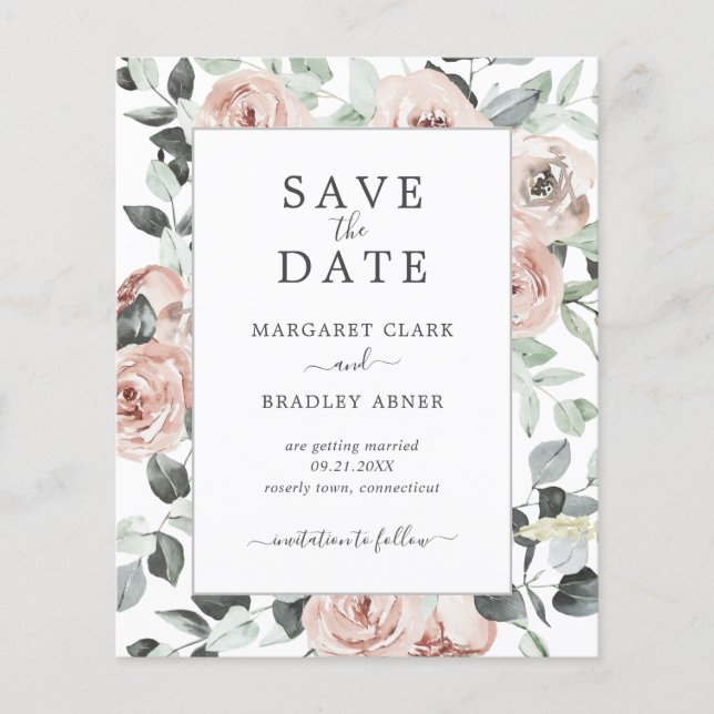 Dusty Rose Floral Budget Wedding Save the Date Flyer (Front)