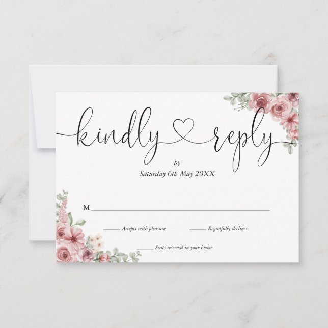 Dusty Rose Floral Chic Script Heart Kindly Reply RSVP Card (Front)