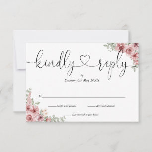 Dusty Rose Floral Chic Script Heart Kindly Reply RSVP Card