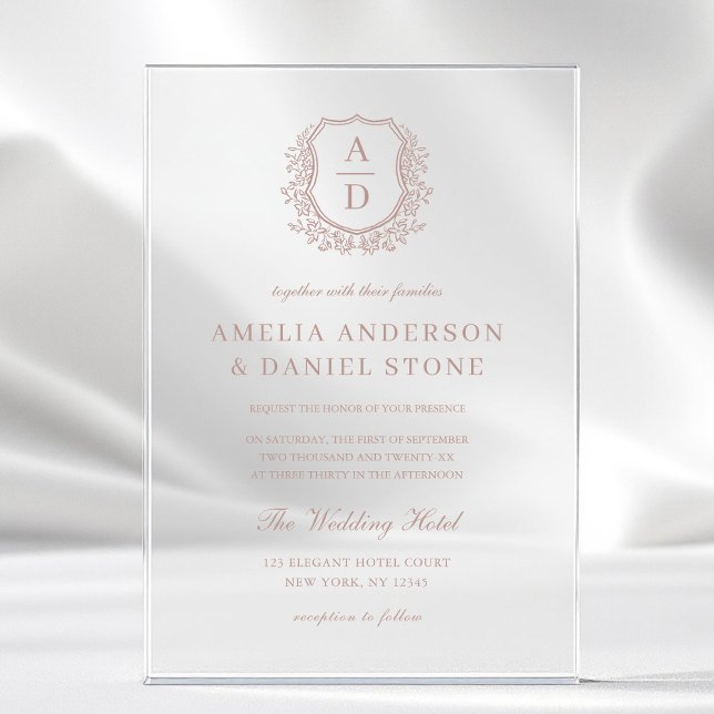 Dusty Rose Floral Crest Monogram Wedding Acrylic Invitations (Creator Uploaded)
