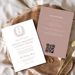 Dusty Rose Floral Crest Monogram Wedding QR Code Invitation