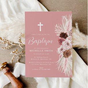 dusty rose floral cross baptism invitation