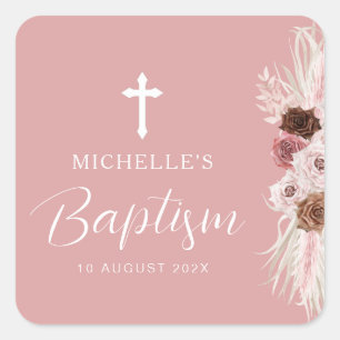 dusty rose floral cross baptism square sticker