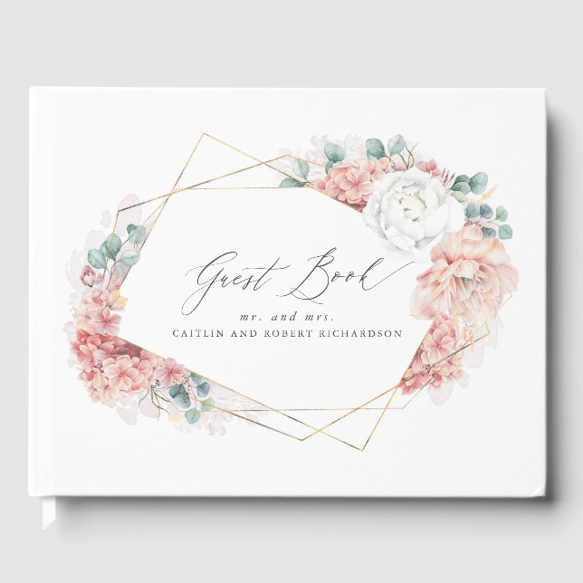 Dusty Rose Floral Elegant Peach Wedding Guest Book (Front)