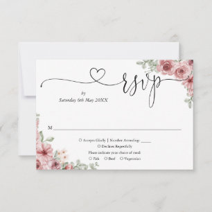 Dusty Rose Floral Elegant Script Heart RSVP Card