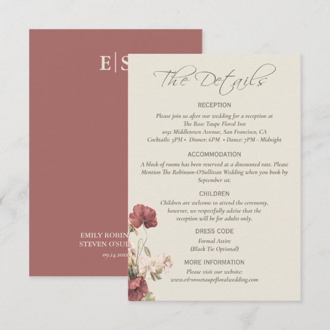 Dusty Rose Floral Elegant Wedding Details Card (Front/Back)