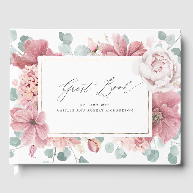 Dusty Rose Floral Elegant Wedding Guest Book (Front)