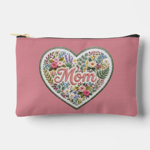 Dusty Rose Floral Faux Embroidery Heart Mum Accessory Pouch