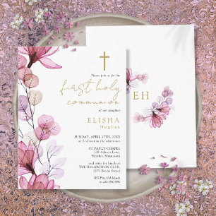 Dusty Rose Floral First Holy Communion Invitation Postcard