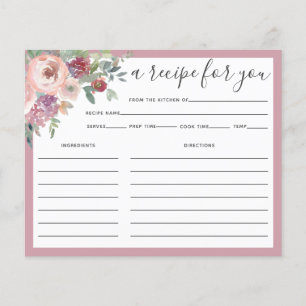Dusty Rose Floral Folige Bridal Shower Recipe Card