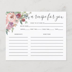 Dusty Rose Floral Folige Bridal Shower Recipe Card