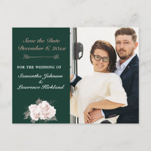 Dusty Rose Floral Forest Green Photo Save the Date Announcement Postcard