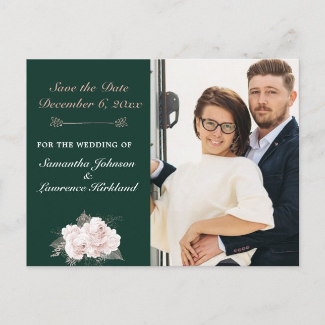 Dusty Rose Floral Forest Green Photo Save the Date Announcement Postcard (Front)