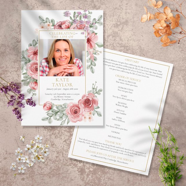 Dusty Rose Floral Funeral Order Of Service Programme (Creator Uploaded)