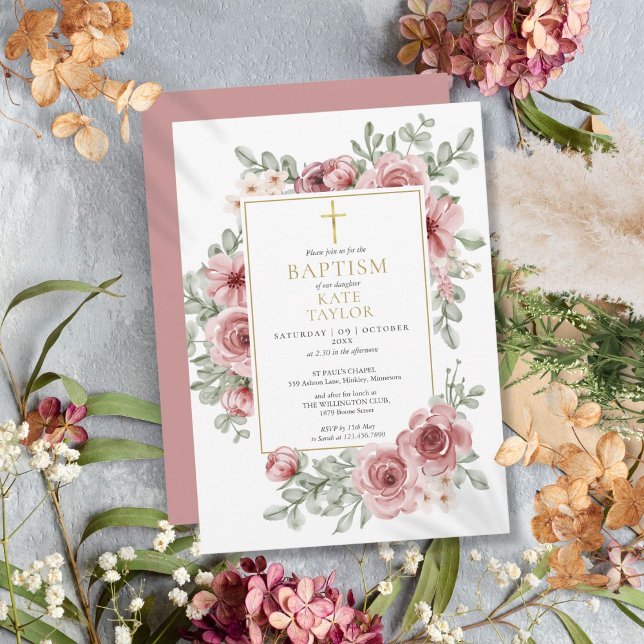 Dusty Rose Floral Gold Baptism Christening Invitation (Dusty Rose Floral Gold Baptism Christening Invitation)