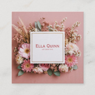 Dusty Rose Floral Gold Frame Rustic Geometric Square Business Card