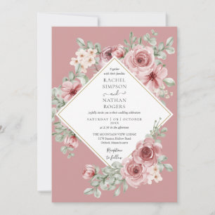 Dusty Rose Floral Gold Geometric Wedding Invitation