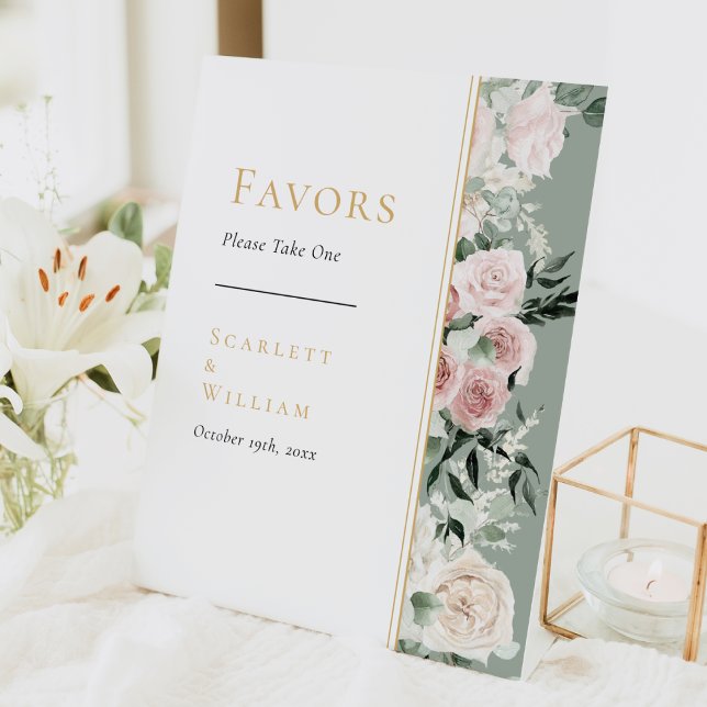 Dusty Rose Floral Gold Sage Green Wedding Favours Pedestal Sign (Creator Uploaded)