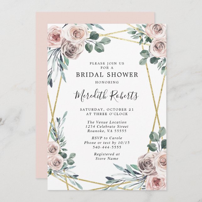 Dusty Rose Floral Greenery Bridal Shower Invitation (Front/Back)