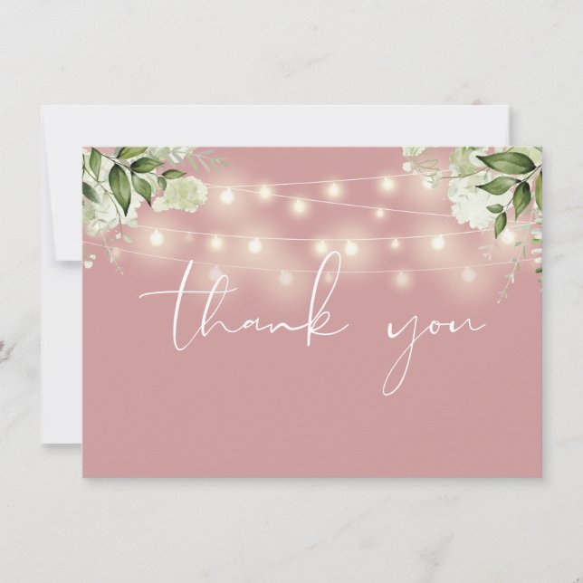 Dusty Rose Floral Greenery String Lights Thank You Card (Front)
