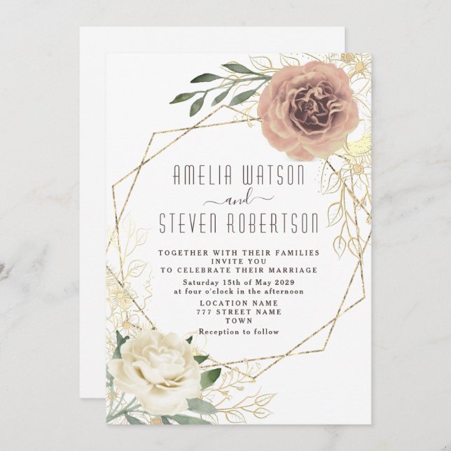 Dusty Rose Floral Greenery Wedding Invite (Front/Back)