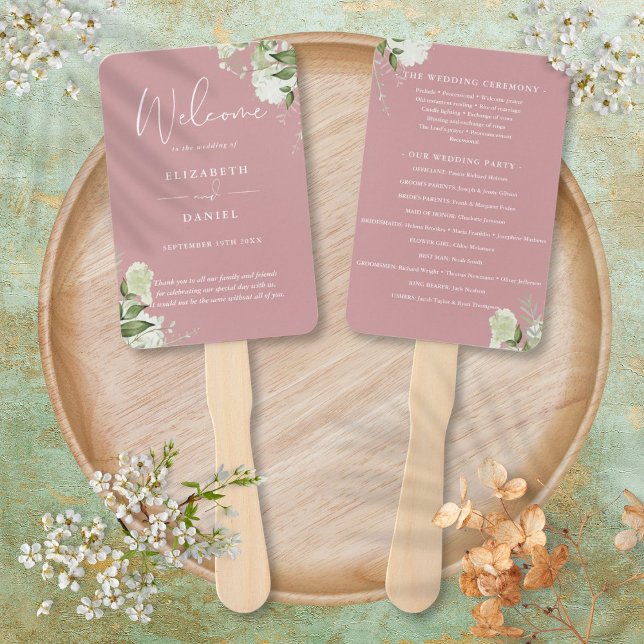 Dusty Rose Floral Greenery Wedding Program Hand Fan (Dusty Rose Floral Greenery Wedding Program Hand Fan)
