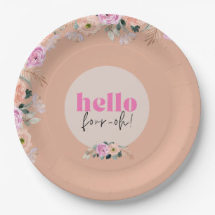 Dusty Rose floral "hello four-oh" retro Paper Plate