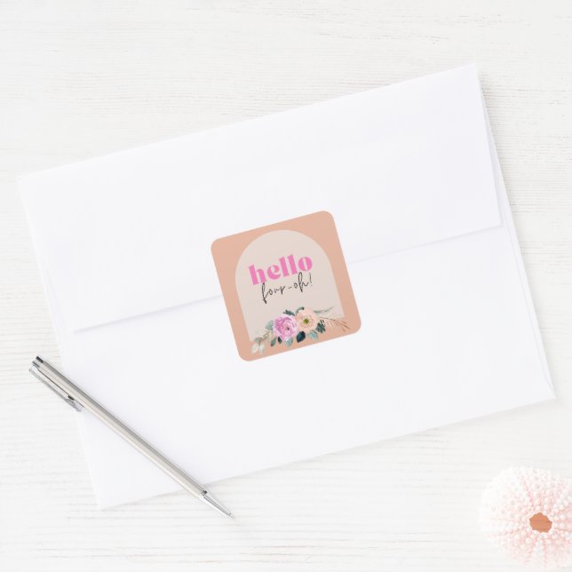 Dusty Rose floral "hello four-oh" retro Square Sticker (Envelope)
