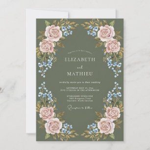 Dusty Rose Floral Laurel Wedding Invitation