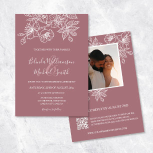 Dusty Rose  Floral Line Art   Photo   Wedding Invitation