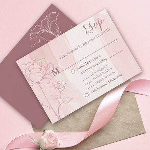 Dusty Rose Floral Line Art Watercolor Wedding RSVP Card