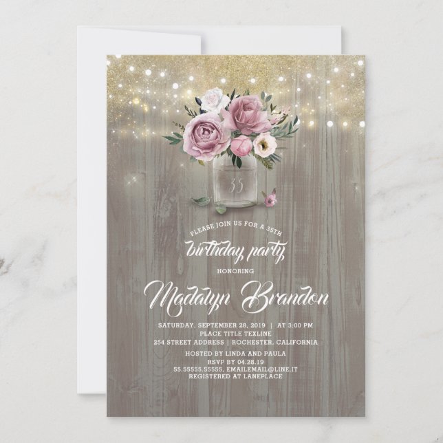 Dusty Rose Floral Mason Jar Rustic Birthday Invitation (Front)