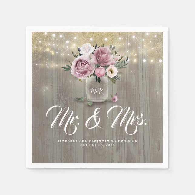 Dusty Rose Floral Mason Jar Rustic Country Wood Napkin (Front)