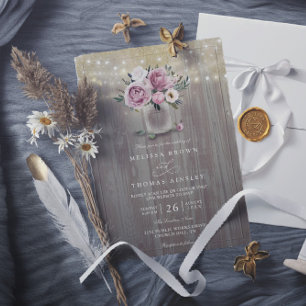 Dusty Rose Floral Mason Jar Rustic QR Code Wedding Invitation