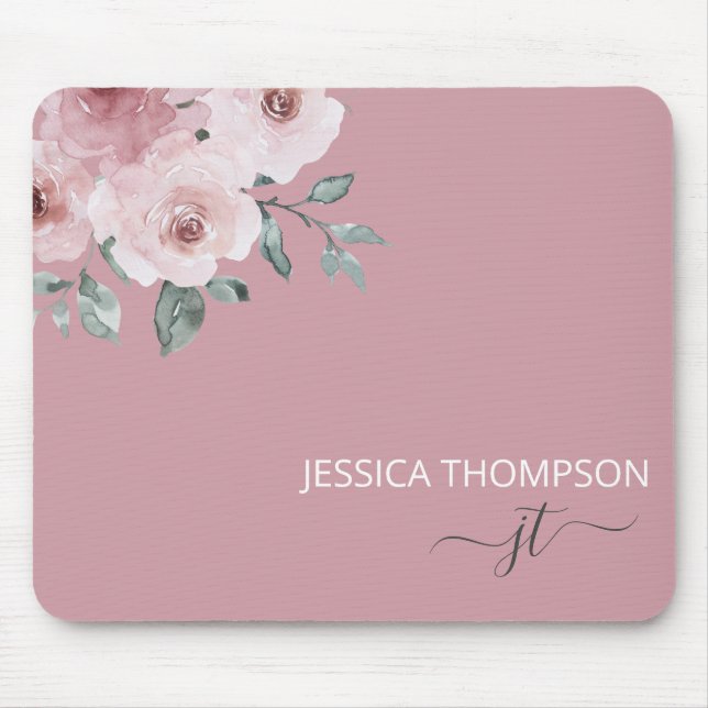 Dusty Rose Floral Modern Monogram Name  Mouse Pad (Front)