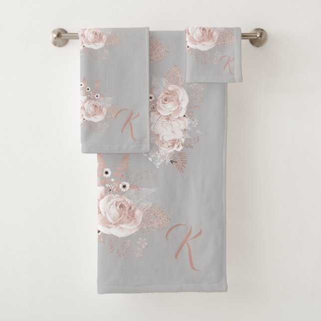 Dusty Rose Floral Monogram Grey Towel Set (Insitu)