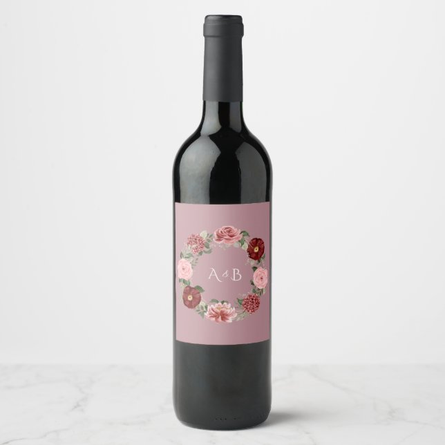 Dusty Rose Floral Monogram Wedding Wine Bottle Label (Front)
