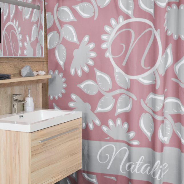 Dusty  rose  floral  - monogrammed shower curtain (Creator Uploaded)