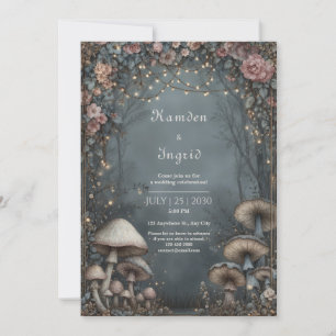 Dusty Rose Floral Moody Teal Forest Wedding Invitation