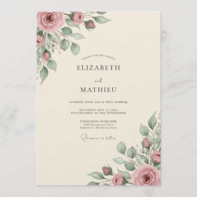 Dusty Rose Floral Romance Wedding Invitation (Front)